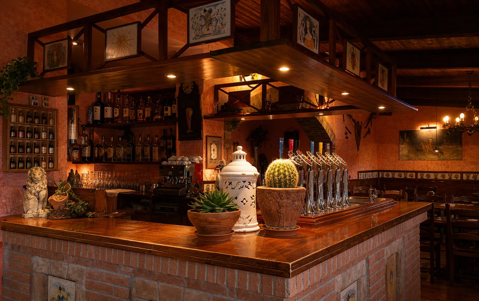 Il banco del bar con la fila di spine della birra